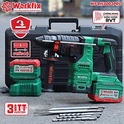 [Tặng Quạt Workfix 8 Inch + 1 Bộ Mũi Khoan Đục Bê Tông] Máy Khoan Đục Bê Tông 3 Chức Năng Dùng Pin 21V Workfix - WF-RH3003PRO - Có Anti-kickback, Giảm Rung RVT - 6 Tốc Độ - Chân Pin Phổ thông 2 Pin 21V/6Ah - Động Cơ Từ Lõi Đồng