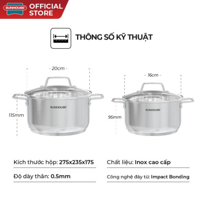 Bộ nồi chống dính đáy từ Sunhouse SHG604E Inox 304 - Bộ 2 nồi size 16/20cm - Công nghệ đáy từ Impact Bonding - Hàng chính hãng