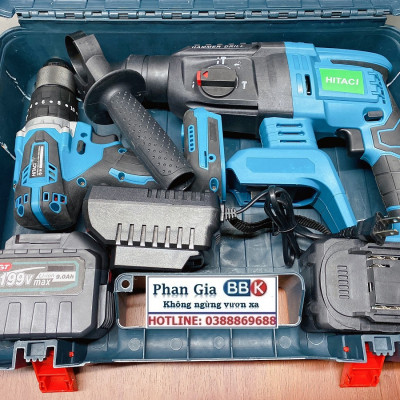 Bộ Combo Máy Khoan Bê Tông Và Máy Và Máy Khoan Pin 199V 2 Pin 15 Cell - Động Cơ Không Than, Tặng Kèm Hộp Đựng - Bảo Hành 12 Tháng