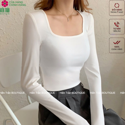  Áo croptop tay dài Hiền Trần BOUTIQUE cổ vuông vải thun ôm body crotop nữ cotton co giãn tốt