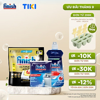 Combo Finish: Viên rửa chén Ultimate 18 viên + Nước làm bóng 500ml + Muối rửa chén 1kg