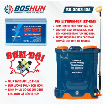 Máy Phun Thuốc Pin Lithium Boshun BS-20S2-12A, Dung tích 20L - Bơm đôi - Nạp 1 lần phun 30 bình - Bảo hành 12 tháng