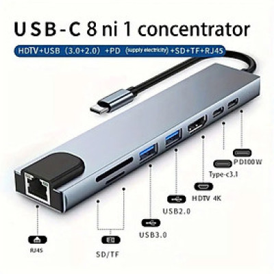 Bộ Chuyển Đổi Hub USB C Hub 8 Trong 1 Type C 3.1 Sang 4K RJ45 Đọc Thẻ SD / TF Cho MacBook Notebook Laptop Máy Tính - Hàng Nhập Khẩu