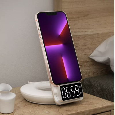 Sạc Wiwu Automatic Positioning 4in1 M11 Cho Iphone, Airpods, Apple Watch hỗ trợ sạc nhanh không dây, sạc có đồng hồ hiện thị giờ - Hàng chính hãng