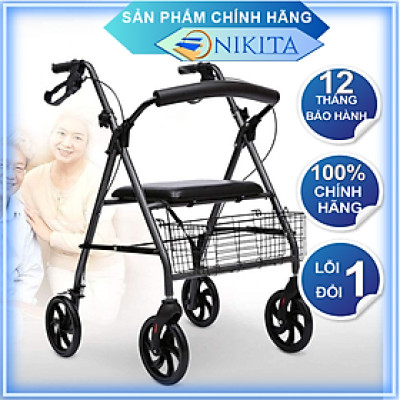 Xe tập đi bốn bánh cho người già có ghế ngồi, có giỏ đựng đồ, gấp gọn khi không sử dụng, chính hãng Nikita 