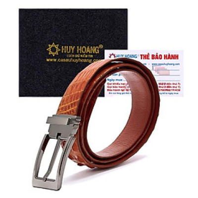 HC4829 - Dây nịt nam da cá sấu Huy Hoàng đầu kim 3,5P màu vàng