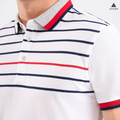 Áo Polo nam ngắn tay kẻ ngang trắng-đen-đỏ ALGPLO87