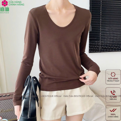 Áo phông nữ dài tay cổ tim Hiền Trần BOUTIQUE chất cotton dẻo cao cấp co giãn áo thun nữ tay dài thu đông A8