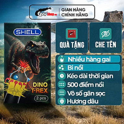 Bao cao su Shell Dino T-rex - Hộp 2 cái - 1 bao nhiều vòng gai, bi nổi lớn + 1 bao Shell Performax
