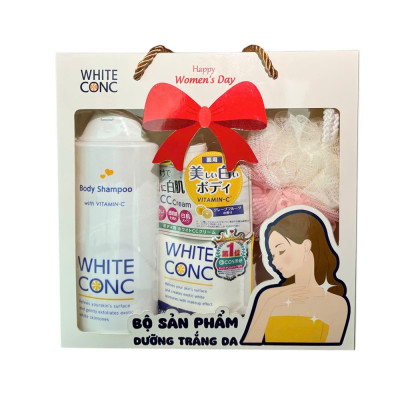 Combo White ConC Dưỡng Trắng Da (Sữa Tắm Trắng Da 360ml + Kem Dưỡng Trắng Da Toàn Thân 200g + Bông Tắm)