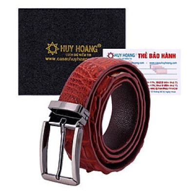 HP4834 - Dây nịt nam da cá sấu Huy Hoàng gai đuôi 3,5P đầu kim màu nâu đỏ