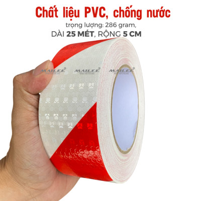 Cuộn Decan Phản Quang Dán Xe Tải Xe Rơ Mooc Mai Lee PQ-25DTS (25m x 5cm) Màu Đỏ Trắng Sọc Chéo, An Toàn Ban Đêm, Chất liệu PVC chống thấm nước