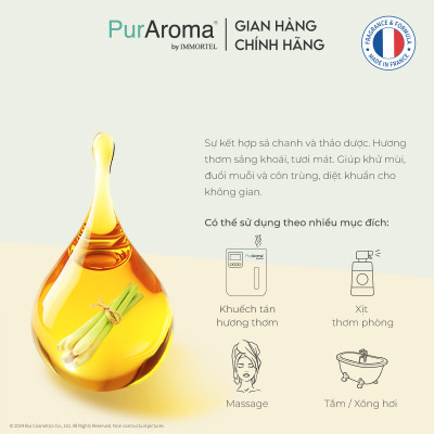 (Đậm Đặc | Chai Lớn) Tinh dầu SẢ CHANH nguyên chất PurAroma by IMMORTEL - Chính hãng Pháp