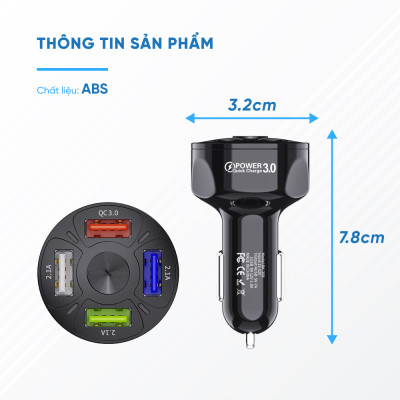 Tẩu Sạc Nhanh Thông Minh Quick Charge 3.0 | Tẩu Sạc Nhanh Thông Minh 4 Cổng USB Công Nghệ Sạc Nhanh Quick Charge 3.0, Tương Thích Nhiều Thiết Bị, Ổn Định Dòng Sạc