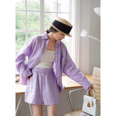 Set bộ áo sơ mi và quần short màu tím pastel nhẹ nhàng, dễ thương, phong cách Hàn Quốc, thích hợp đi chơi, đi làm, đi biển