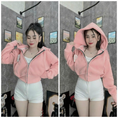 Áo khoác nỉ croptop tay dài trơn có mũ chùm đẹp hàng rất đẹp-A2029