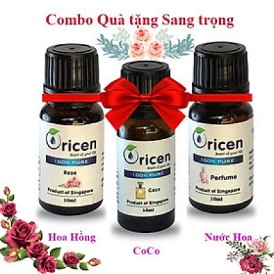 Combo Tinh dầu Quà Tặng Sang Trọng Oricen 3 chai 10ml - Coco + Nước Hoa + Hoa Hồng
