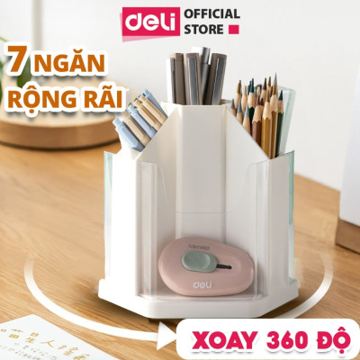 Ống Bút Xoay 360 Độ Deli - Hộp Đựng Bút Tròn Nhiều Ngăn Để Bàn Tích Hợp Giá Đỡ Điện Thoại - Tặng Kèm Sticker