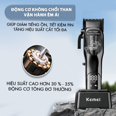 Tông đơ cắt tóc chuyên nghiệp Kemei KM-1766 lưỡi cắt mạ carbon DLC cao cấp có động cơ không chổi than màn hình LCD hiển thị công suất 5W - Chính hãng