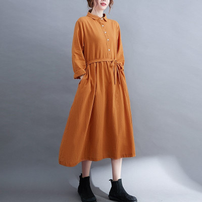 Đầm linen suông nữ  cổ sơ mi dài tay, tặng kèm dây thắt eo, thời trang nữ thu đông NH185