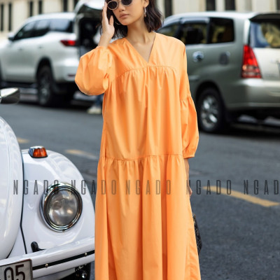 Đầm babydoll cam dài tay NGADO , đầm nữ , Đầm suông , Đầm phom rộng