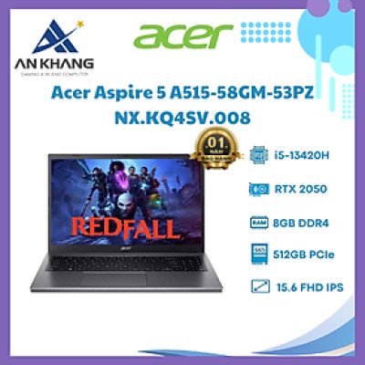 Máy tính xách tay Acer N22Q25 (A515-58GM-53PZ) (i5-13420H;8GB; 512GB SSD; RTX2050/4GB;15.6" FHD; Win11; Xám;NX.KQ4SV.008) - HÀNG CHÍNH HÃNG