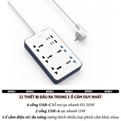 Ổ cắm điện đa năng 11 in 1 2500W WIWU Wi-S006 PS524 4 cổng Type-C (PD 20W), 2 cổng USB-A (2.4A), 5 ổ cắm AC, dây điện dài 2m, Chống cháy, Chip Ai an toàn sạc cho iPhone ipad Macbook Vivo oppo samsung huawei - Hàng nhập khẩu