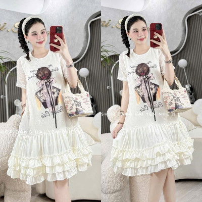 Váy Ren Tơ 2 Lớp In Cô Gái Phối Chân Thô Bèo Tầng Kèm Tag Nơ
