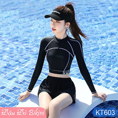 Bộ bơi nữ trẻ trung cá tính, áo crop top dài tay kín đáo có khóa kéo trước, quần bơi 2 lớp thể thao hiện đại, thun bơi lạnh mịn đẹp | KT603