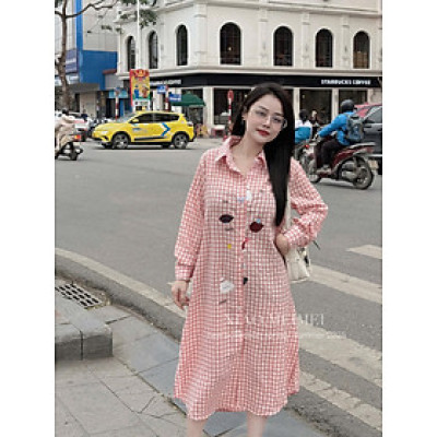 Váy suông sơ mi kẻ thô in hình HOT HIT