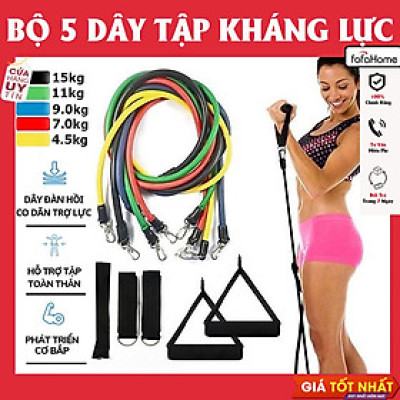 Dây Ngũ Sắc Tập Gym, Bộ 5 Dây Đàn Hồi Kháng Lực Tập Full Body, Dụng Cụ Tập Thể Hình Tại Nhà Đa Năng