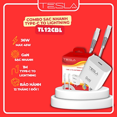 Combo sạc nhanh hàng chính hãng TESLA TL12CBL 36W GaN USB-C (C to L) | Bảo hành 12 tháng 1 đổi 1 | Made in Việt Nam