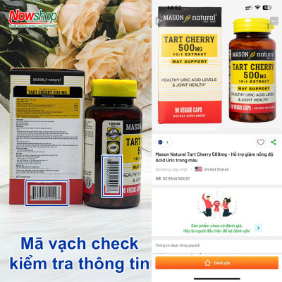 Tart Cherry 500mg Mason Natural Hộp 90 viên giảm acid uric gây Gout giúp khớp vận động linh hoạt