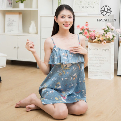 Đầm 2 dây tencel phối bèo LMcation Autumn - hoa lá xanh