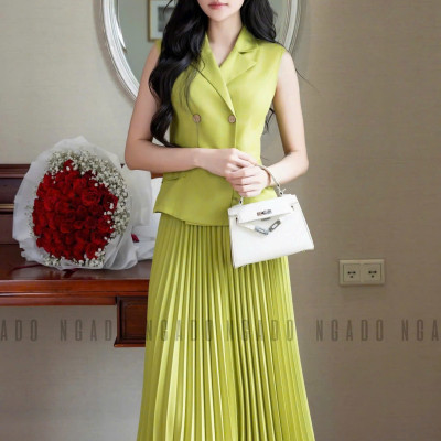 Set áo váy xanh bơ xếp ly NGADO , set áo váy nữ , set công sở , dự tiệc