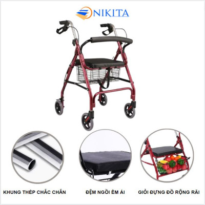 Xe tập đi bốn bánh cho người già có ghế ngồi, có giỏ đựng đồ, gấp gọn khi không sử dụng, chính hãng Nikita 