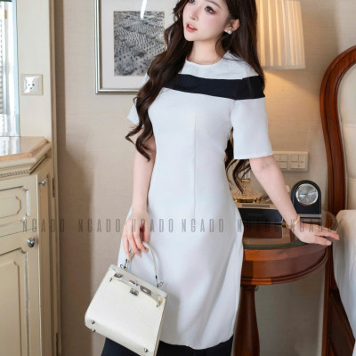 Đầm trắng cổ tròn phối đen NGADO