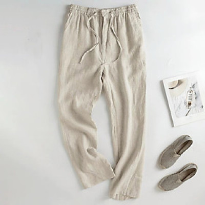 Quần linen nam ống suông, quần dài ống rộng cạp chun có dây rút và khuy trước, phong cách tối giản, vintage Qd11