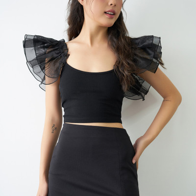 DOTTIE - Áo phối vải tay cánh tiên - Đen - T0707