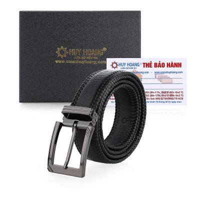 Dây nịt nam da đà điểu Huy Hoàng đan viền đầu kim màu đen HC4457