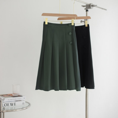 De Leah - Chân Váy Midi Xếp Li Cúc Bọc - Đen