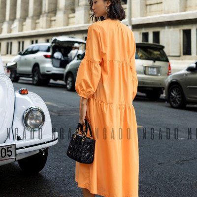 Đầm babydoll cam dài tay NGADO , đầm nữ , Đầm suông , Đầm phom rộng