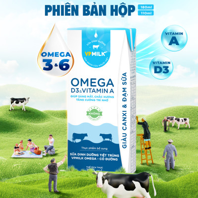 Sữa Dinh Dưỡng Tiệt Trùng VPMilk Omega Ít Đường dạng hộp cho bé trên 1 tuổi 180ml (thùng 48 hộp)