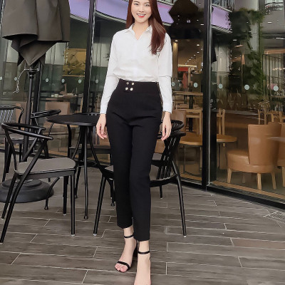 Quần baggy nữ Hiền Trần BOUTIQUE cạp cao vải Vitex cao cấp quần công sở 4 cúc bấm sang trọng thanh lịch