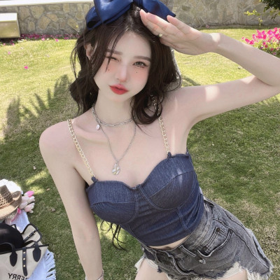 Áo Bra Nữ Dây Xích Chất Denim Mềm Dáng Lửng Sẵn Đệm Ngực Siêu Hot