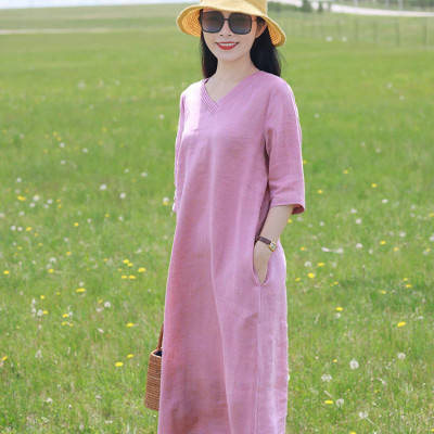 Đầm suông linen nữ cổ V, thiết kế trơn basic, thời trang nữ thanh lịch, nhẹ nhàng NH198 hồng