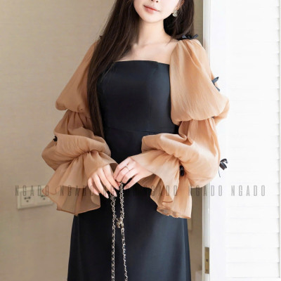 Đầm đen tay voan phồng NGADO , đầm dự tiệc , đầm dạo phố