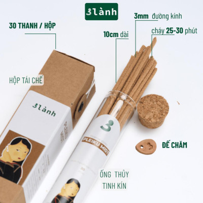 Nhang Thủ Công Sớm Pleiku 3 Lành Hộp 30 Que 100 % Tự Nhiên Tặng Kèm Đế Chăm Không Hóa Chất Xông Thơm