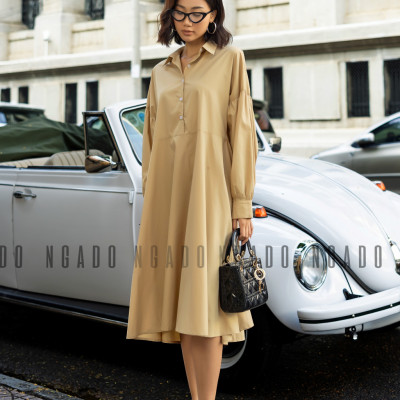 Đầm sơ mi nâu dài tay NGADO , đầm nữ , Đầm suông , Đầm phom rộng nữ thiết kế