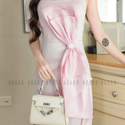 Đầm hồng nơ eo NGADO , đầm hồng dự tiệc , đầm công sở